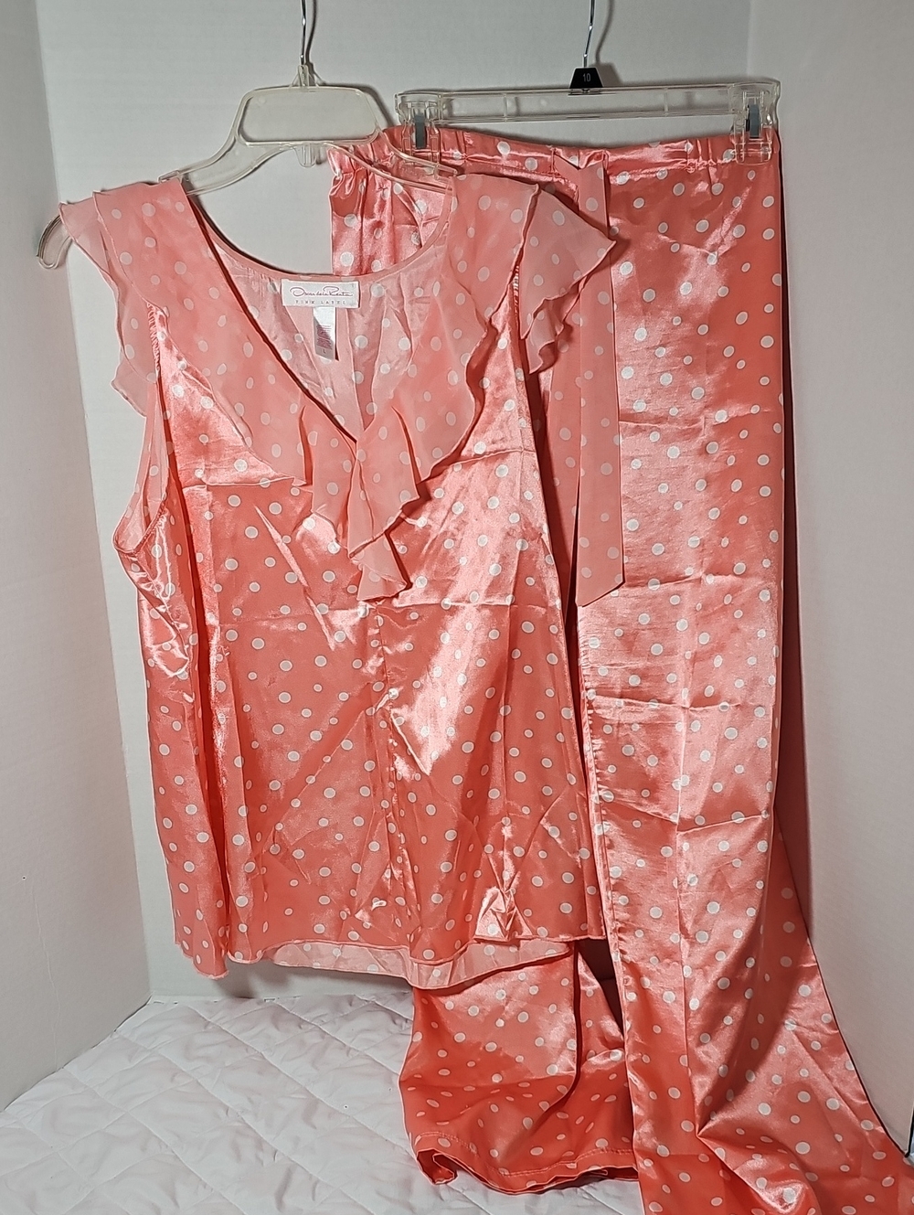 Oscar de la Renta Sleepwear Coral Pink Polka Dot Satin Pajama Set